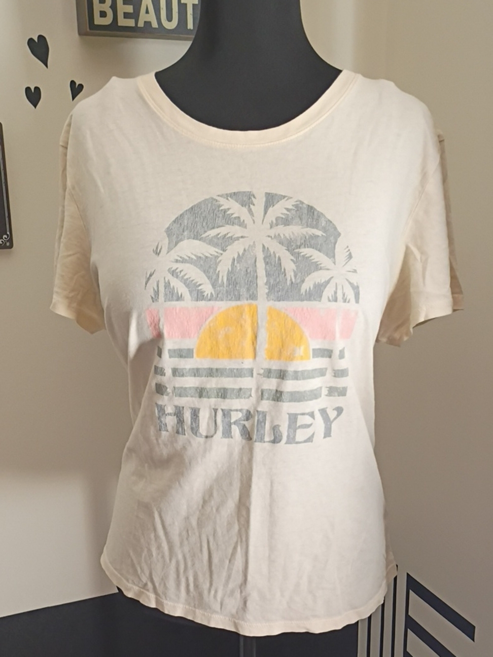 Hurley Cream Graphic Tee with Palm Sunset Motif